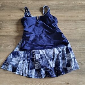 Navy Blue Tankini Swim Dress with Patterned Skirt